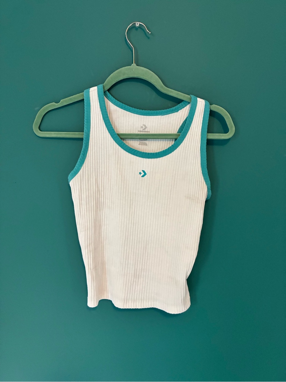 Converse White Ribbed Tank with Teal Trim